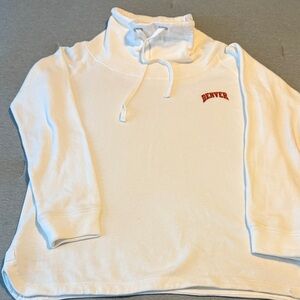 Kate Lord University of Denver White Cowl neck sweatshirt with Denver Logo